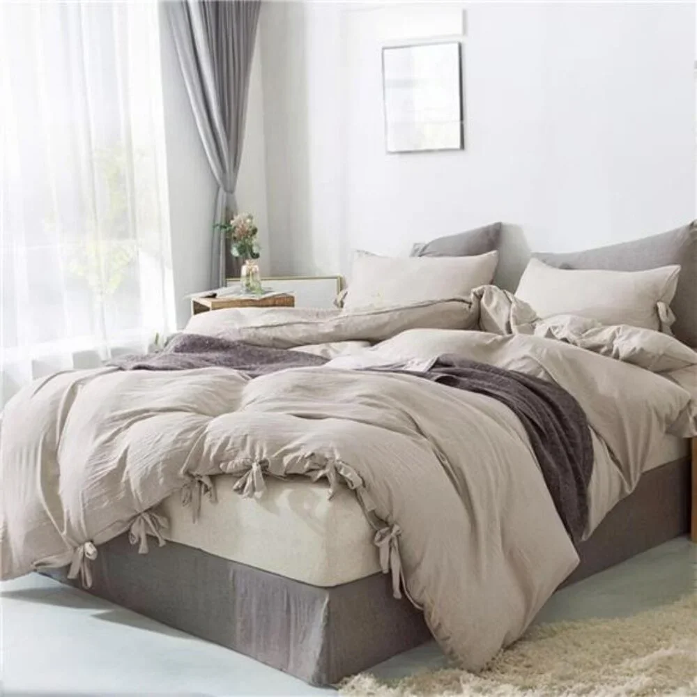 NEW West Elm Boho Beige Khaki Bow Queen / King Microfiber Bedding Duvet Sham Set